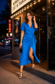 Robe midi portefeuille col V | Variante Bleu - Lifestyle | Lounelle Paris