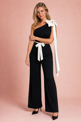 Black One-Shoulder Bow-Detail Jumpsuit