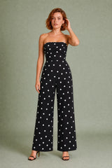 Polka Dot Strapless Smocked Wide-Leg Jumpsuit