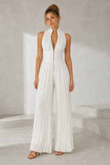 White pleated high-neck jumpsuit