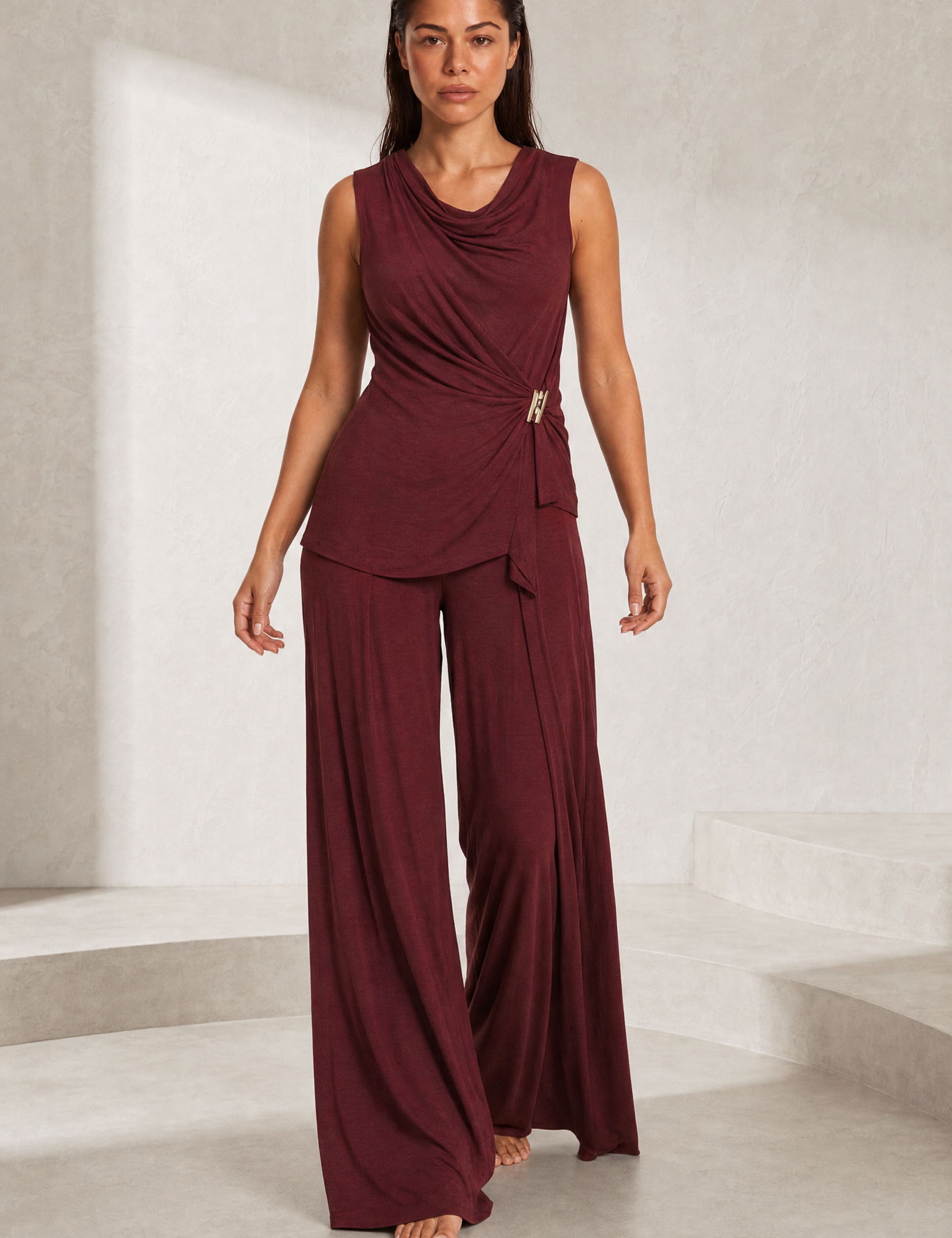 Ensemble bordeaux col drapé asymétrique | Lounelle Paris