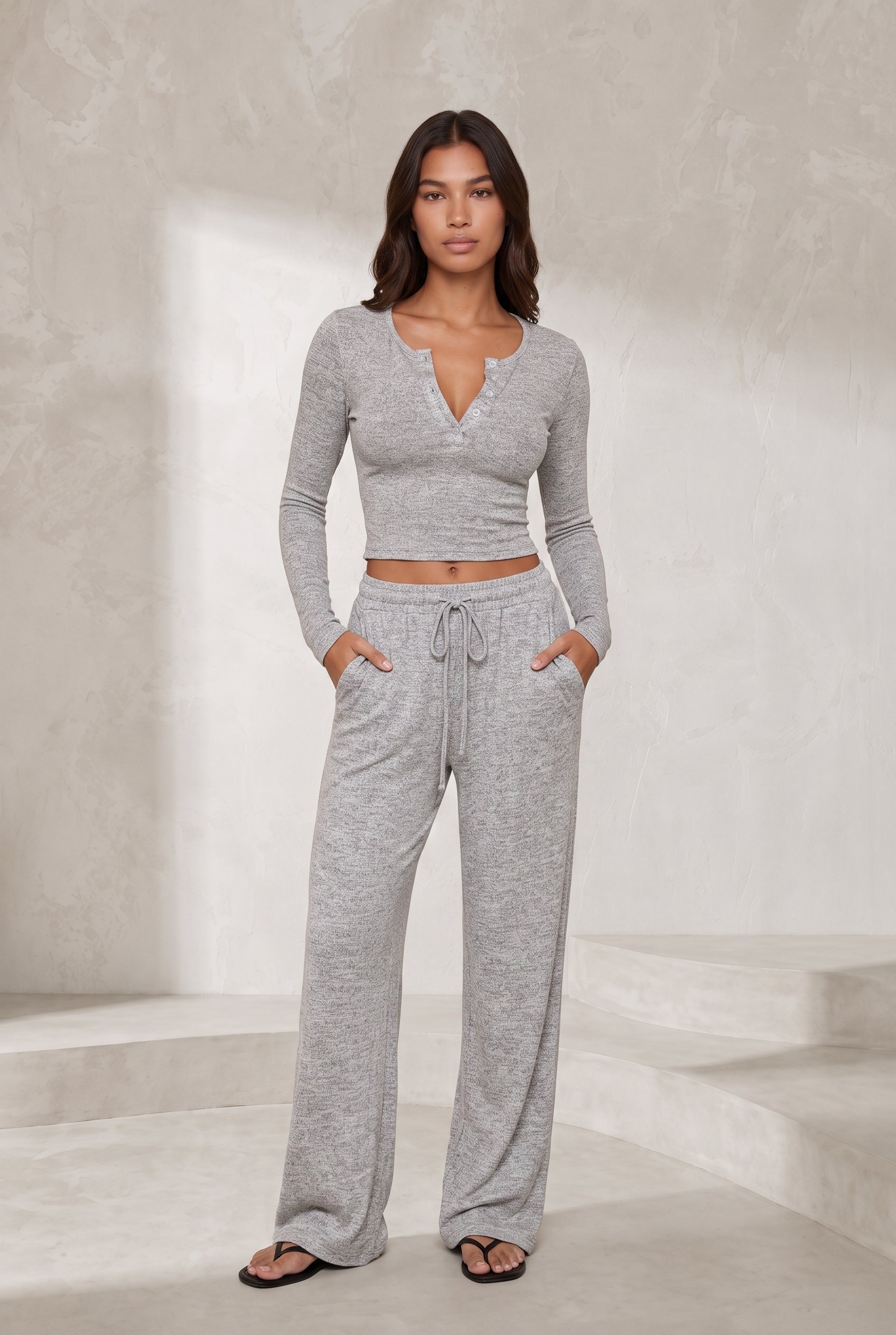 Ensemble pantalon large col V boutonné | Lounelle Paris