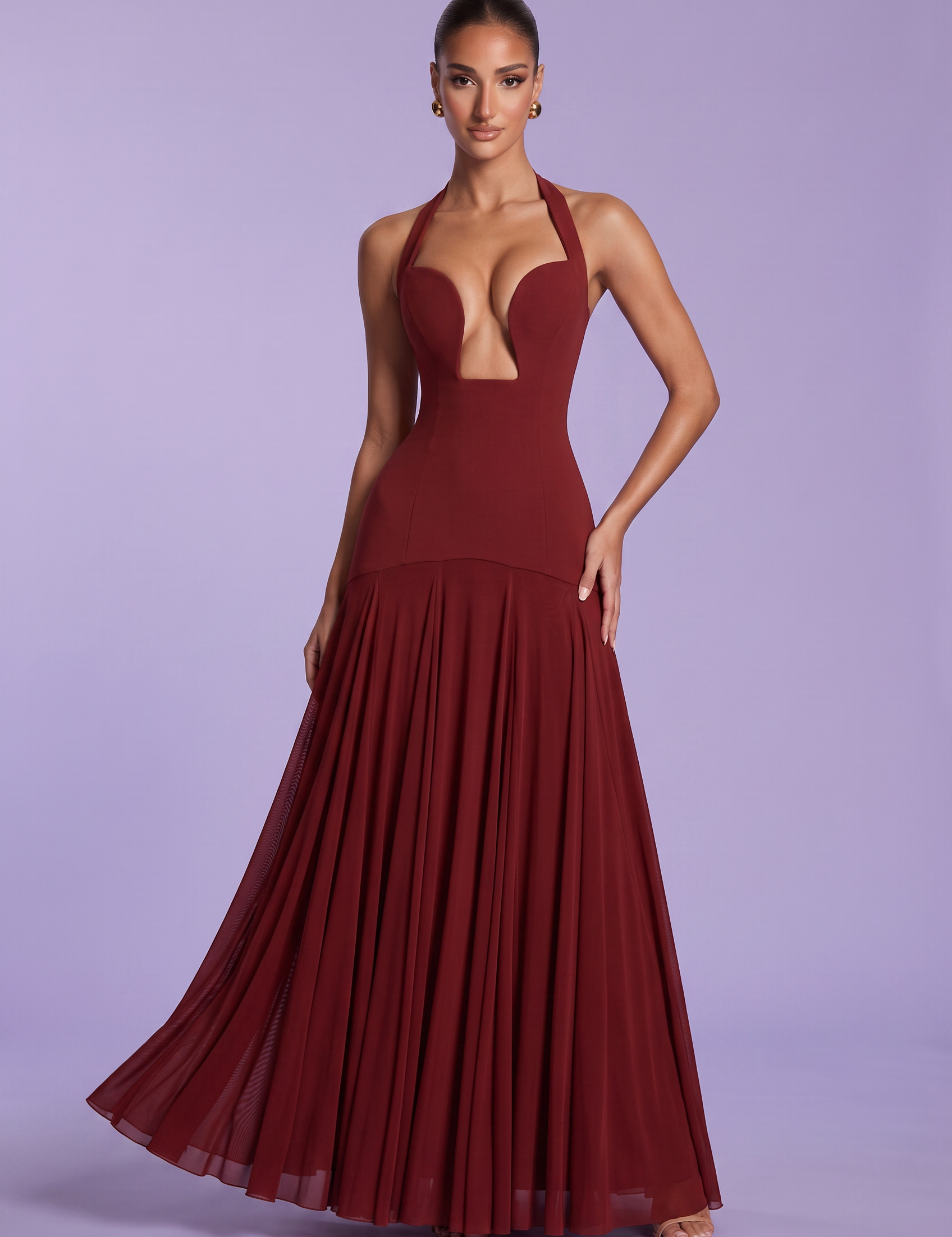 Robe longue col halter dos nu variante bordeaux