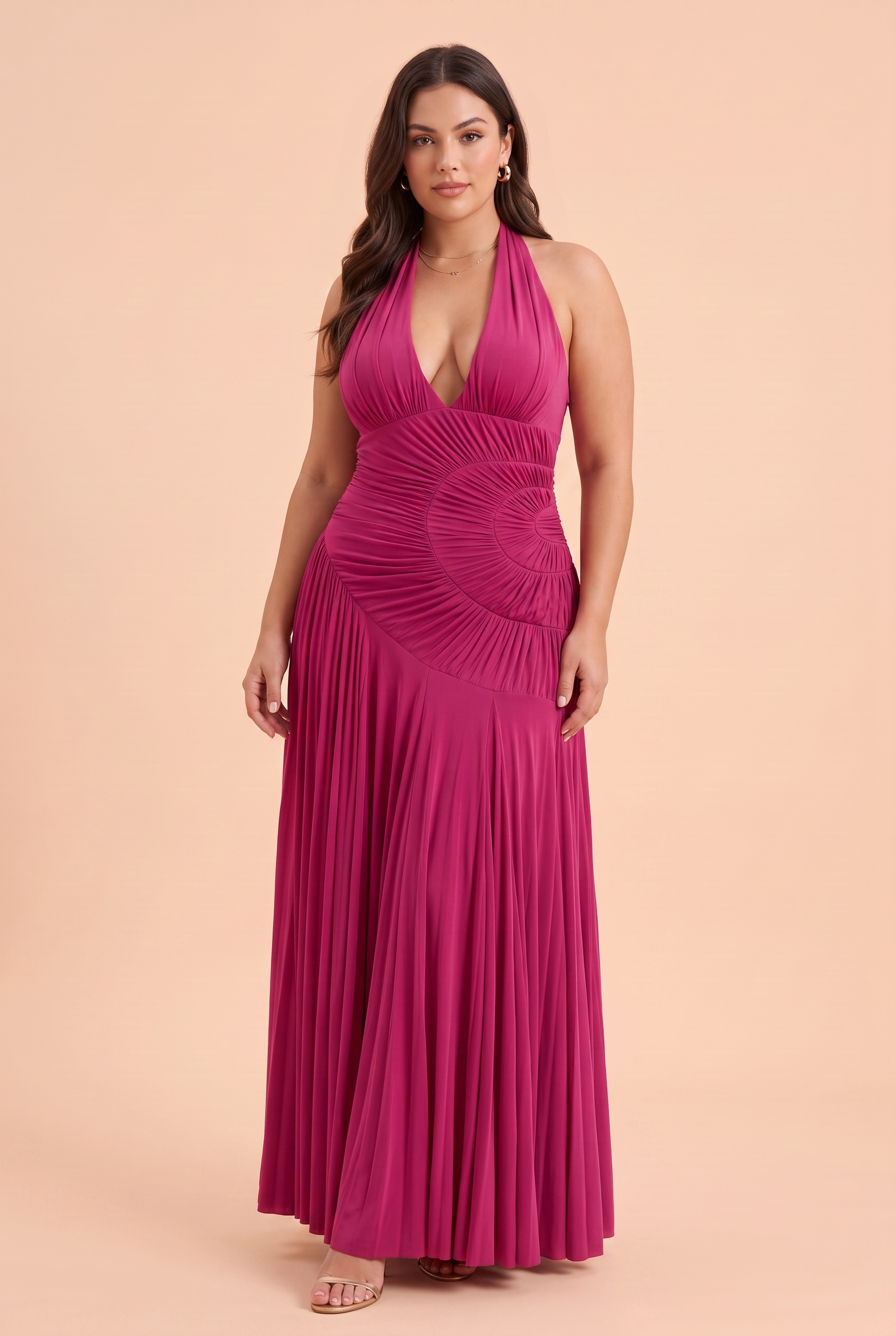Robe longue col licou dos nu porté sur morphologie réelle 1