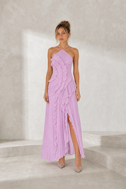 Robe longue col halter à volants variante rose