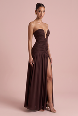 Cross-border independent website 2026 bandeau pleated high-slit draped evening dress, a goddess-like elegant long dress