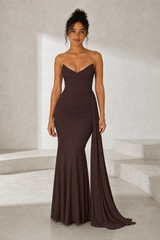Brown Ruched Sweetheart Strapless Maxi Dress