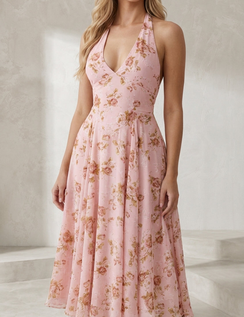 Robe rose fleurie dos nu | Lounelle Paris