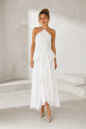 Robe longue col halter à volants variante blanc