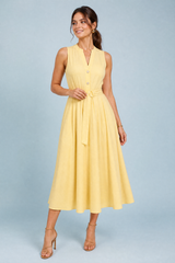 Yellow V-Neck Belted Dress