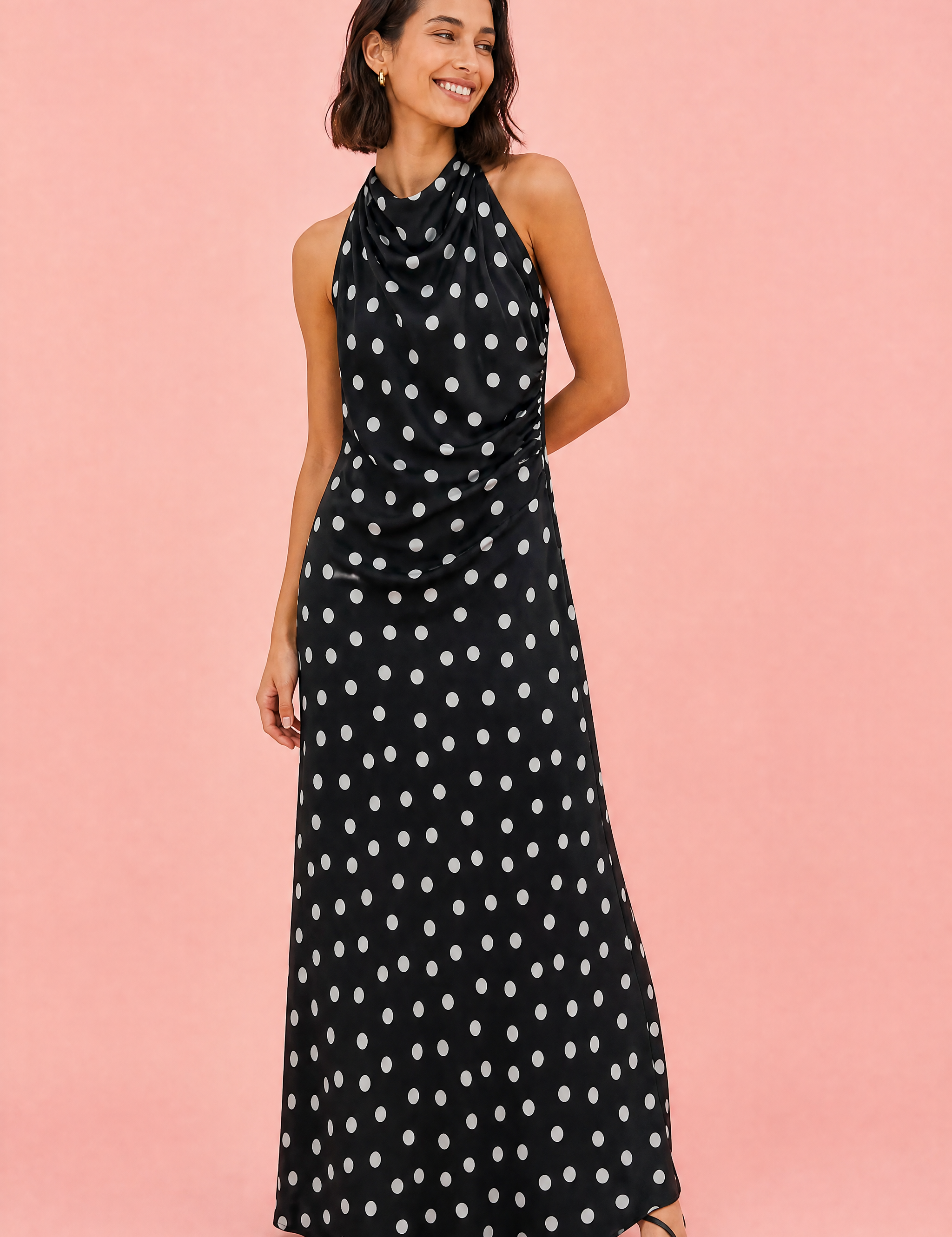 Robe noire à pois col halter | Vue de face | Lounelle Paris