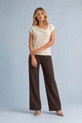 Beige Asymmetric Draped-Neck T-Shirt