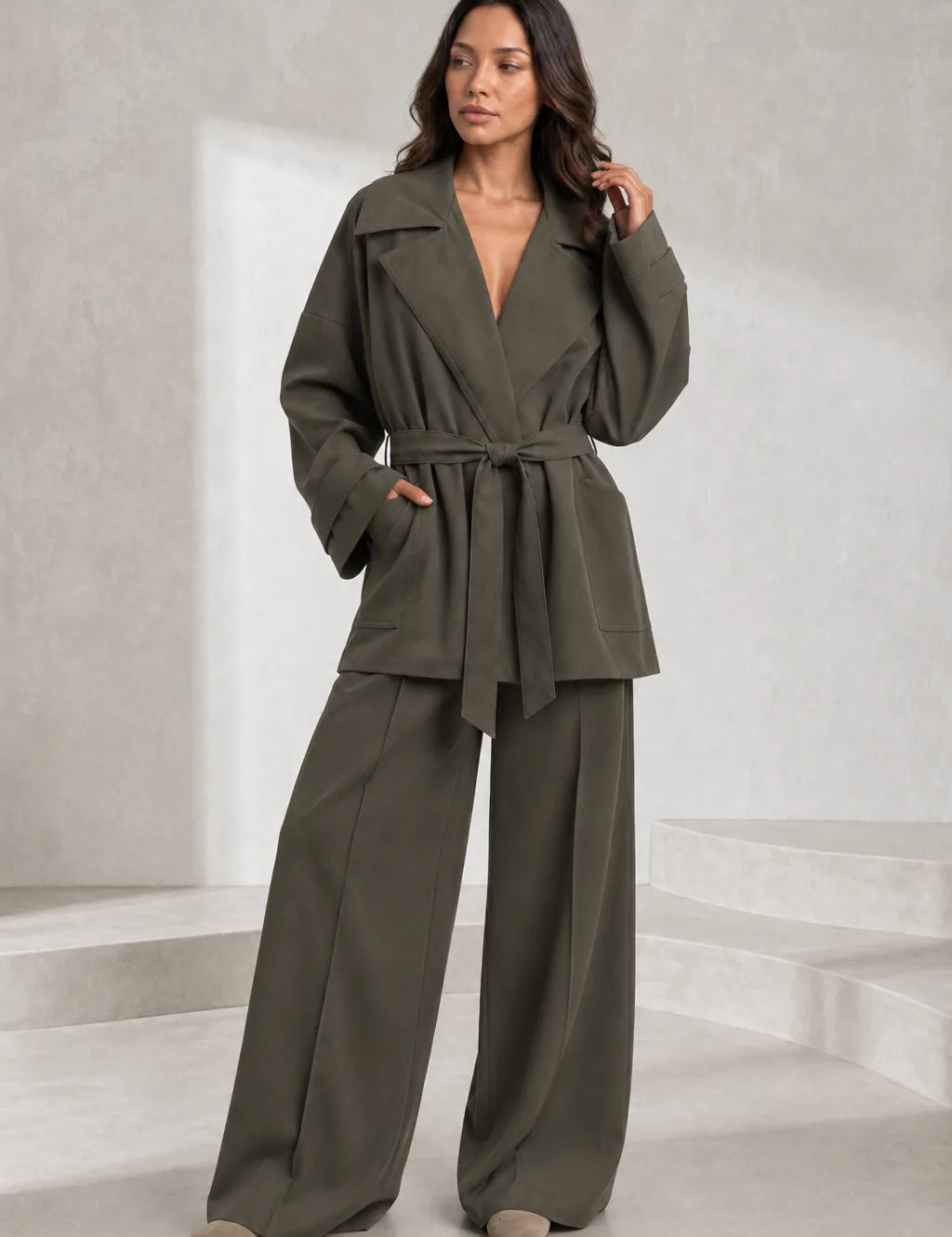Ensemble gris trench et pantalon large | Lounelle Paris
