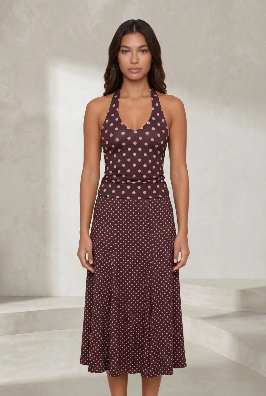Ensemble marron à pois col halter | Lounelle Paris