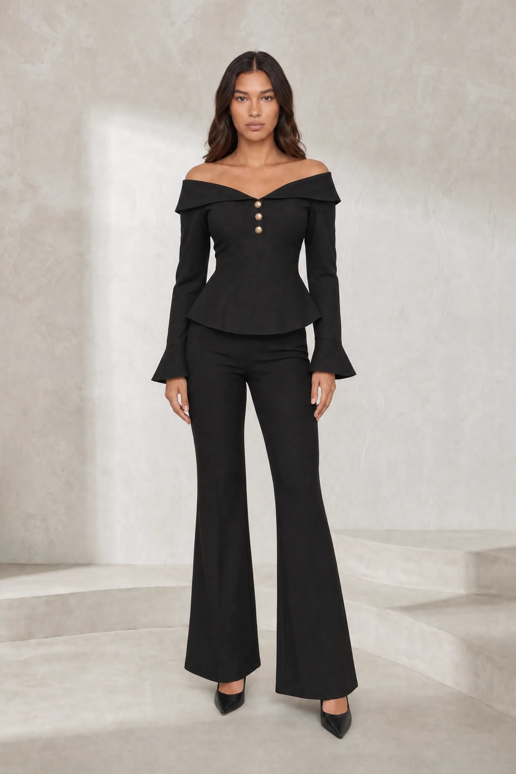 Ensemble pantalon noir à épaules dénudées | Lounelle Paris
