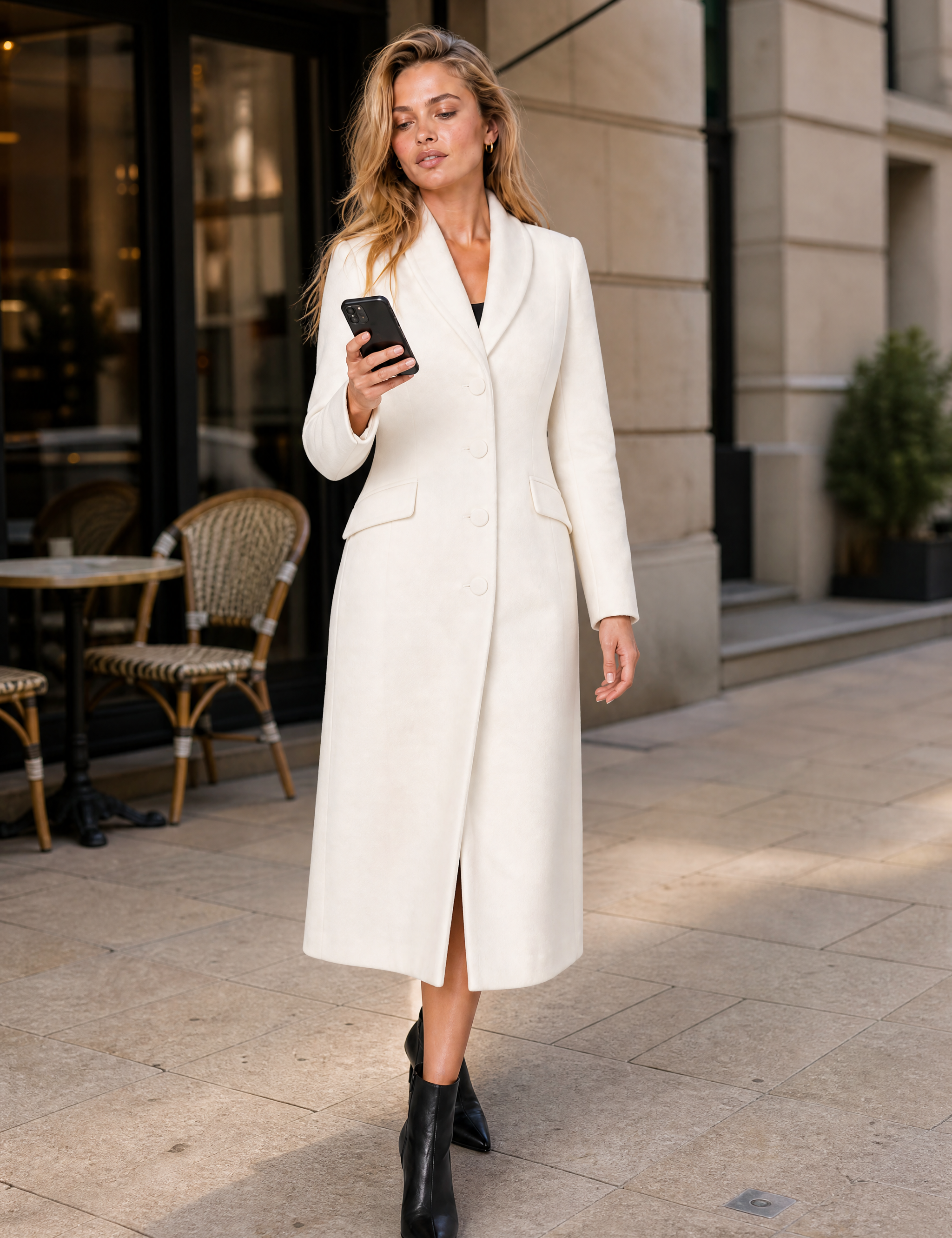 Manteau long cintré à col tailleur | Variante Blanc cassé - Lifestyle | Lounelle Paris
