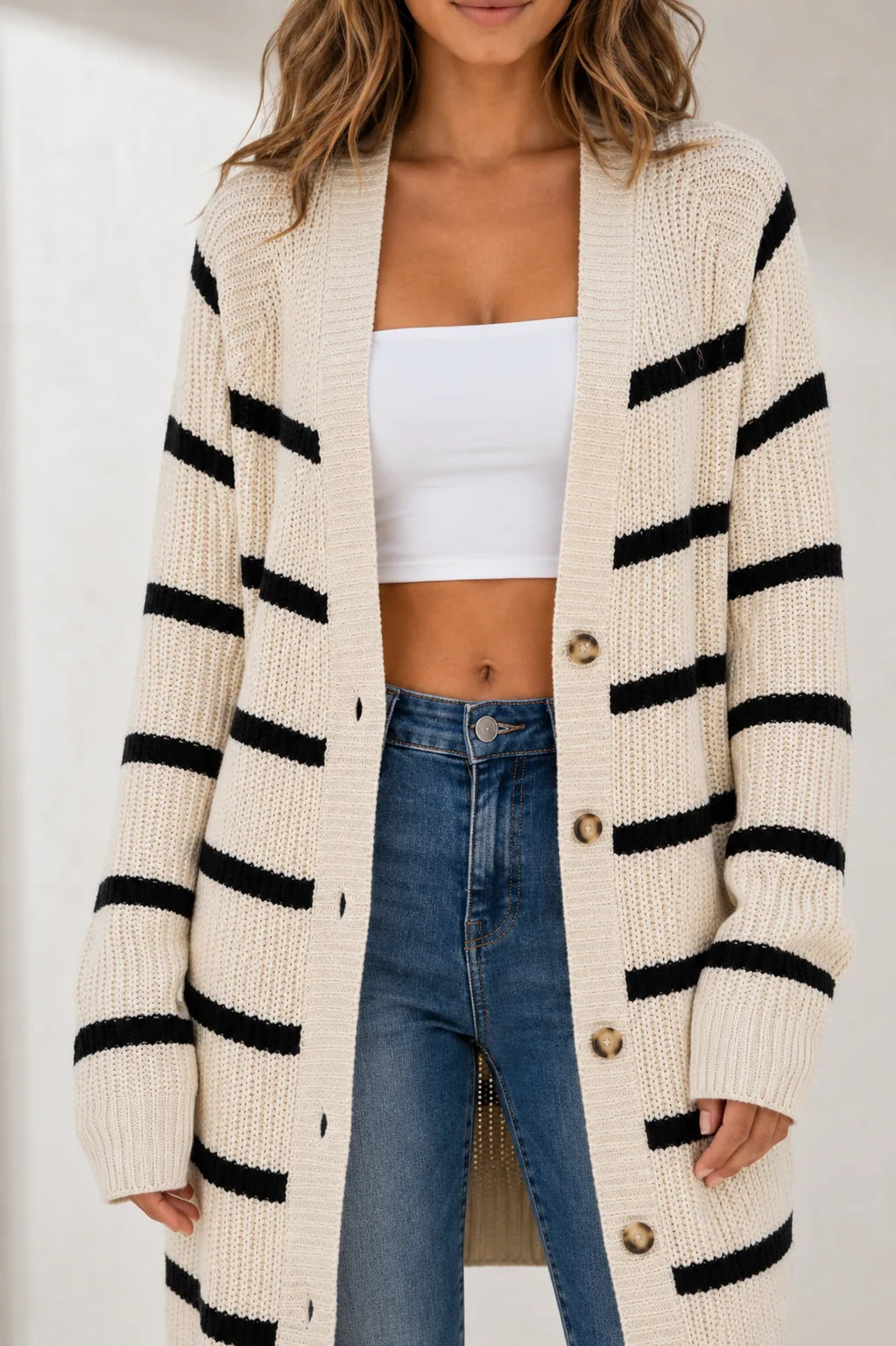 Gilet abricot rayé mi-long | Lounelle Paris