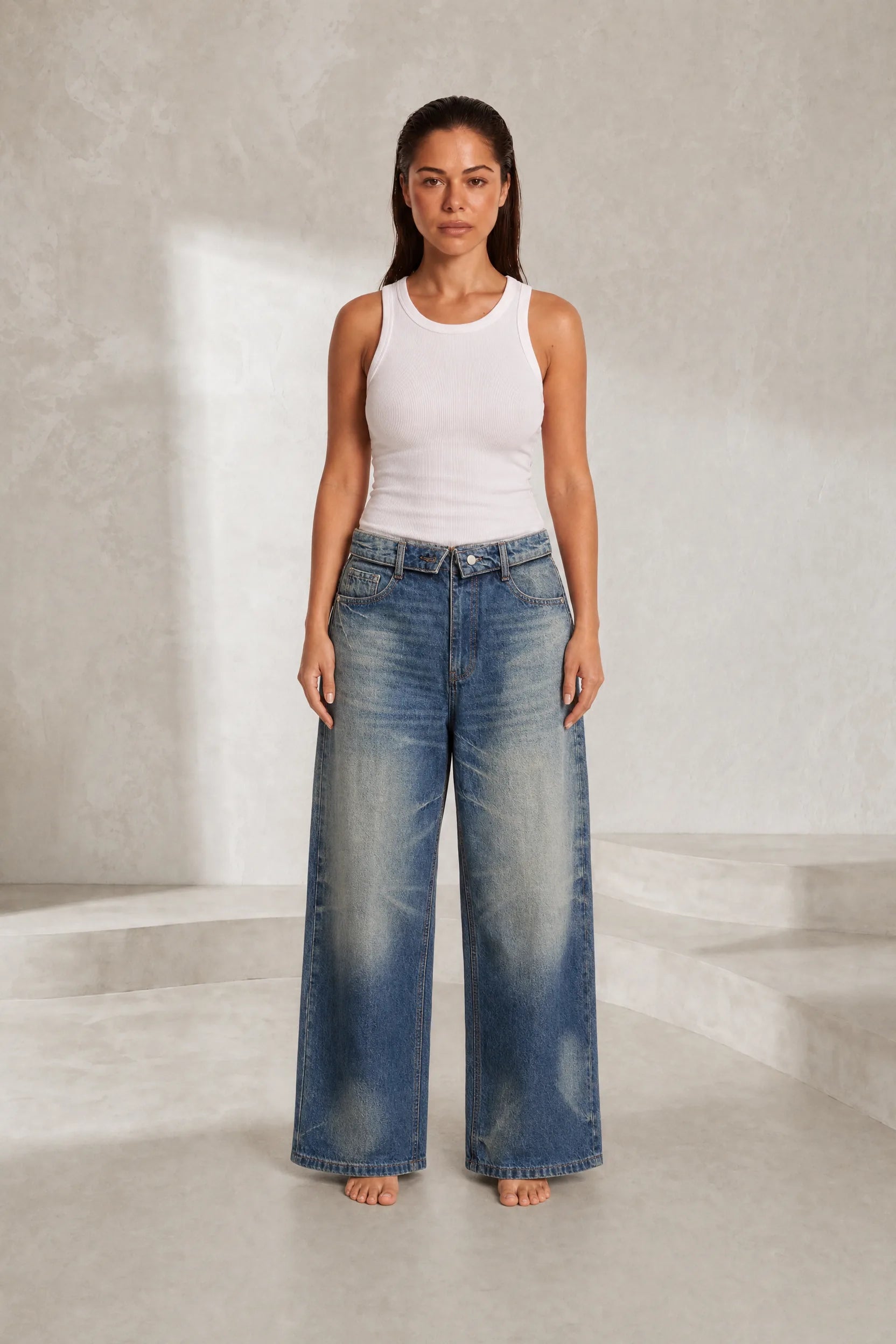 Jean bleu ample taille rabattable | Lounelle Paris