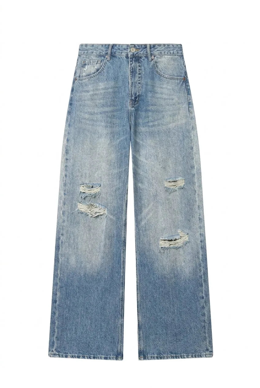 Jean bleu délavé coupe ample déchiré | Lounelle Paris