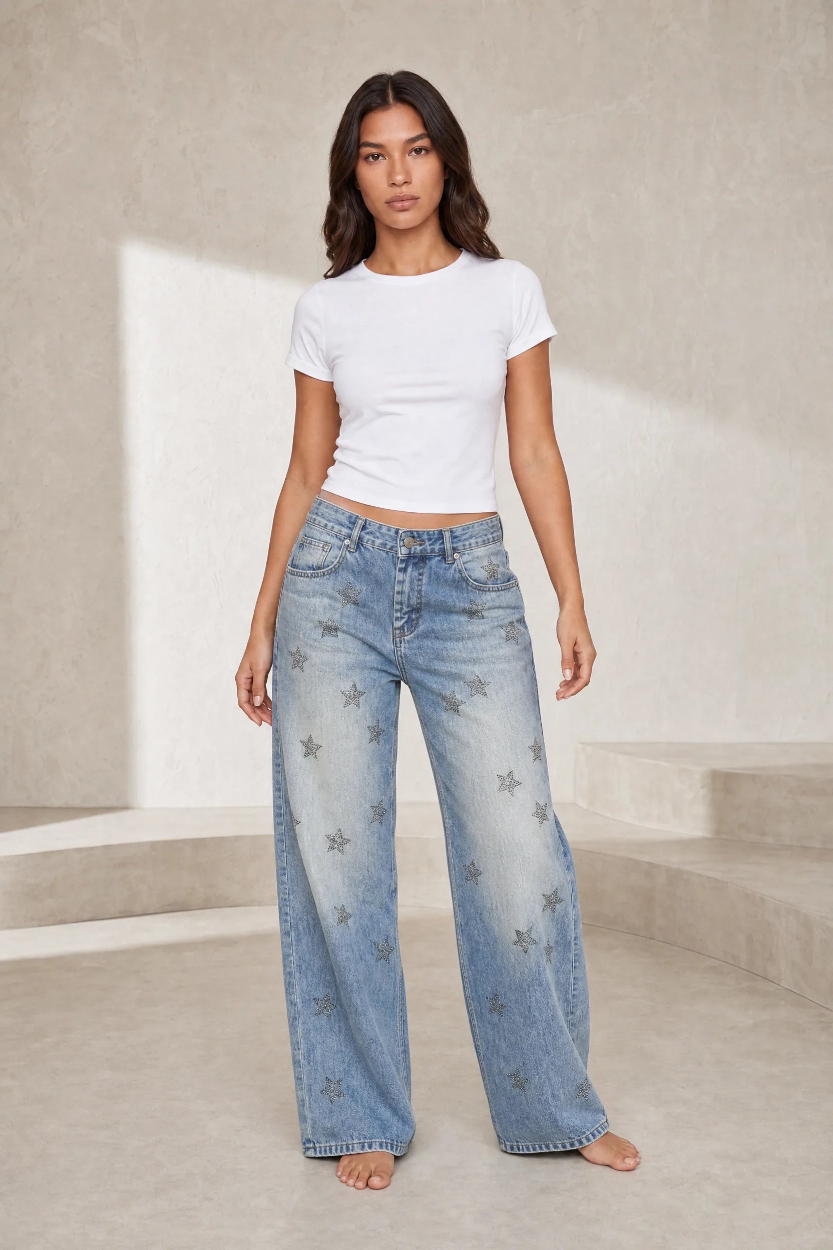 Jean bleu délavé taille basse à étoiles | Lounelle Paris