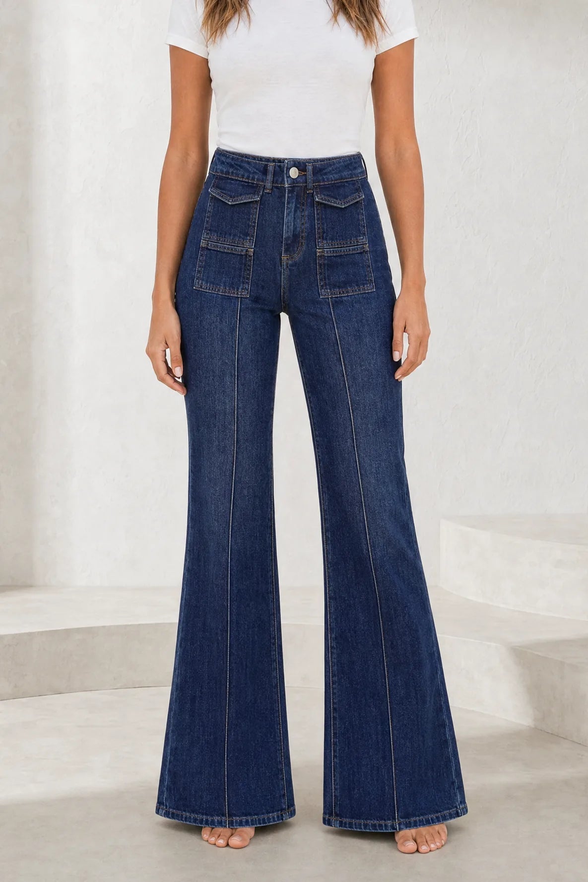 Jean bleu foncé taille haute évasé | Lounelle Paris