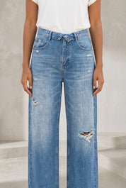 Jean bleu moyen jambe large taille repliée | Lounelle Paris