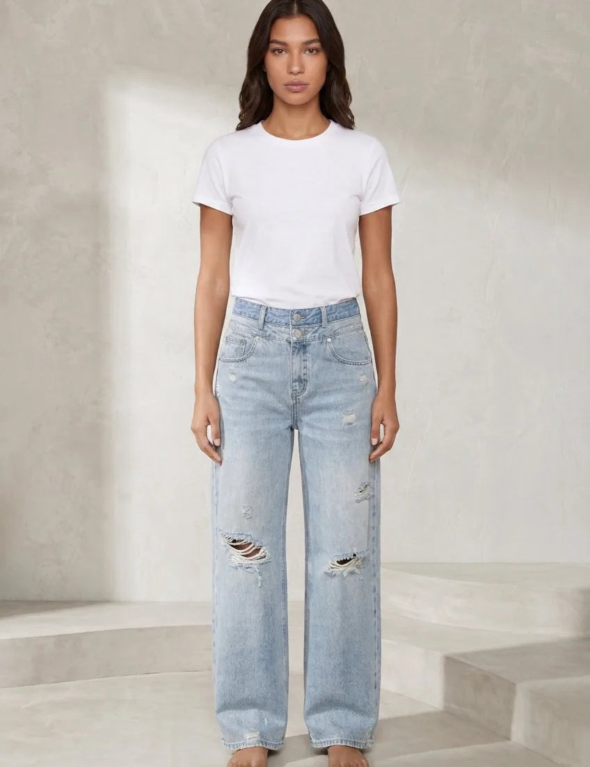 Jean droit bleu clair déchiré | Lounelle Paris