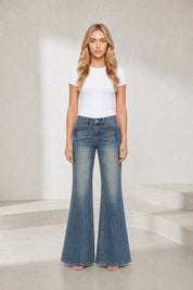 Jean flare bleu foncé taille mi-haute | Lounelle Paris