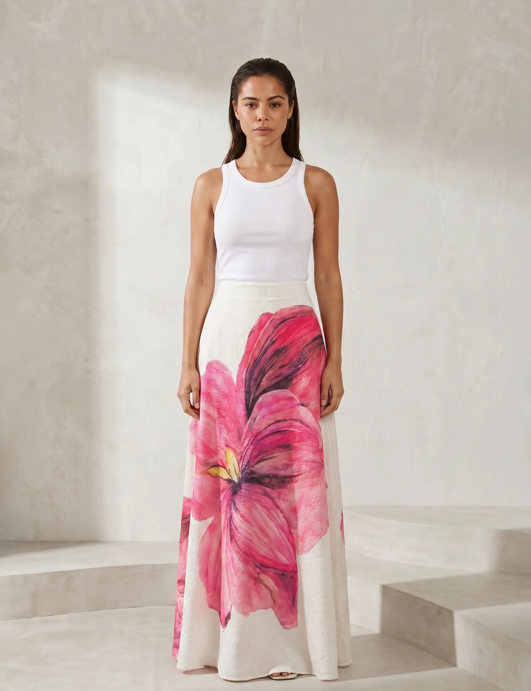 Jupe longue rose à imprimé floral | Lounelle Paris