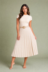 High-Waisted Pleated Faux Suede Skirt with Belt