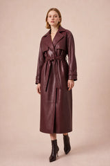 Longline Belted Faux Leather Trench Coat