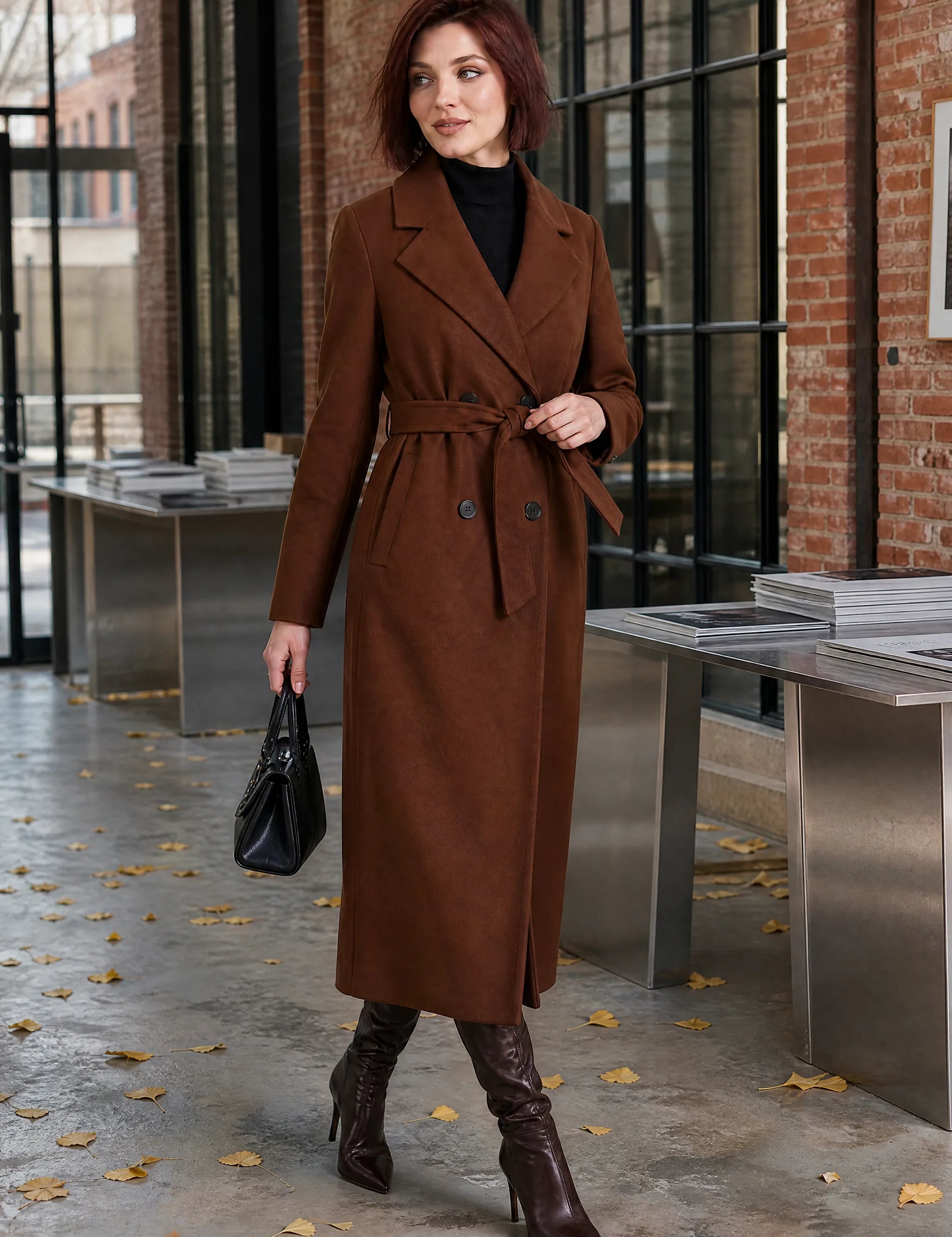 Manteau long marron ceinturé | Photo lifestyle | Lounelle Paris