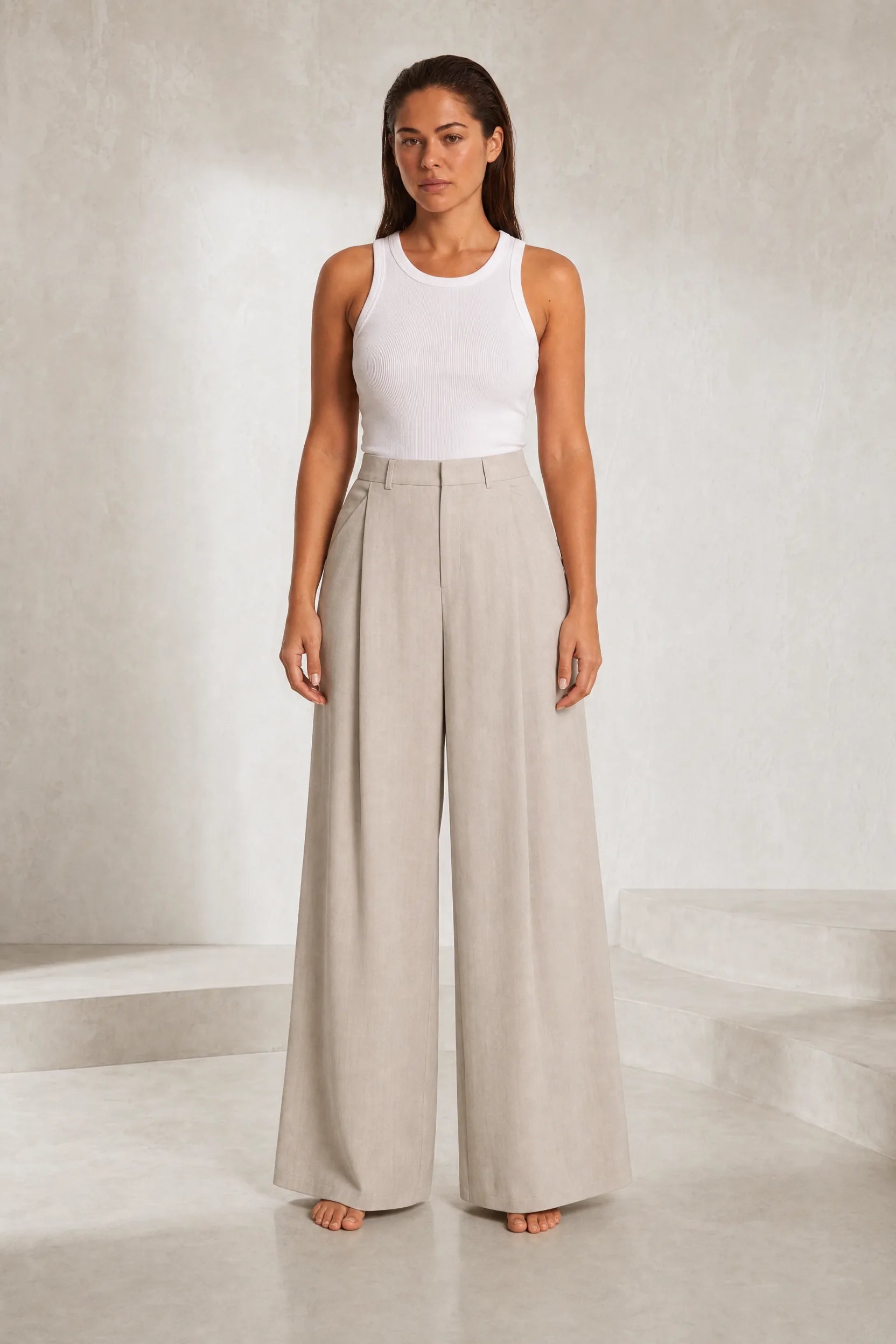 Pantalon beige large plissé | Lounelle Paris
