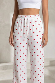 Pantalon blanc taille haute imprimé cœurs | Lounelle Paris