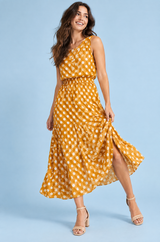 Yellow Polka-Dot High-Neck Maxi Dress With Draped Detailing