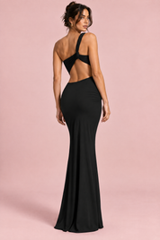 Robe asymétrique noire à découpe | Vue de dos | Lounelle Paris