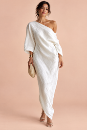 Robe asymétrique blanc cassé à épaule dénudée | Vue de face | Lounelle Paris