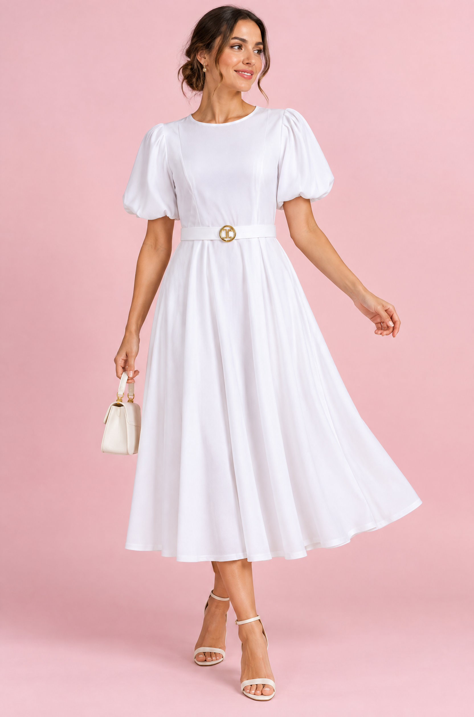 Robe midi blanche à col montant et manches bouffantes | Vue de face | Lounelle Paris