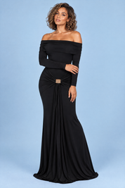 Robe longue noire asymétrique à fronces et drapé | Porté sur une autre silhouette | Lounelle Paris