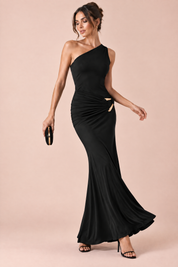Robe longue noire à encolure asymétrique et dos nu | Vue en mouvement | Lounelle Paris