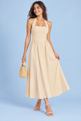 Beige Halter Skater Midi Dress