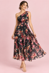 Black Floral One-Shoulder A-Line Maxi Dress