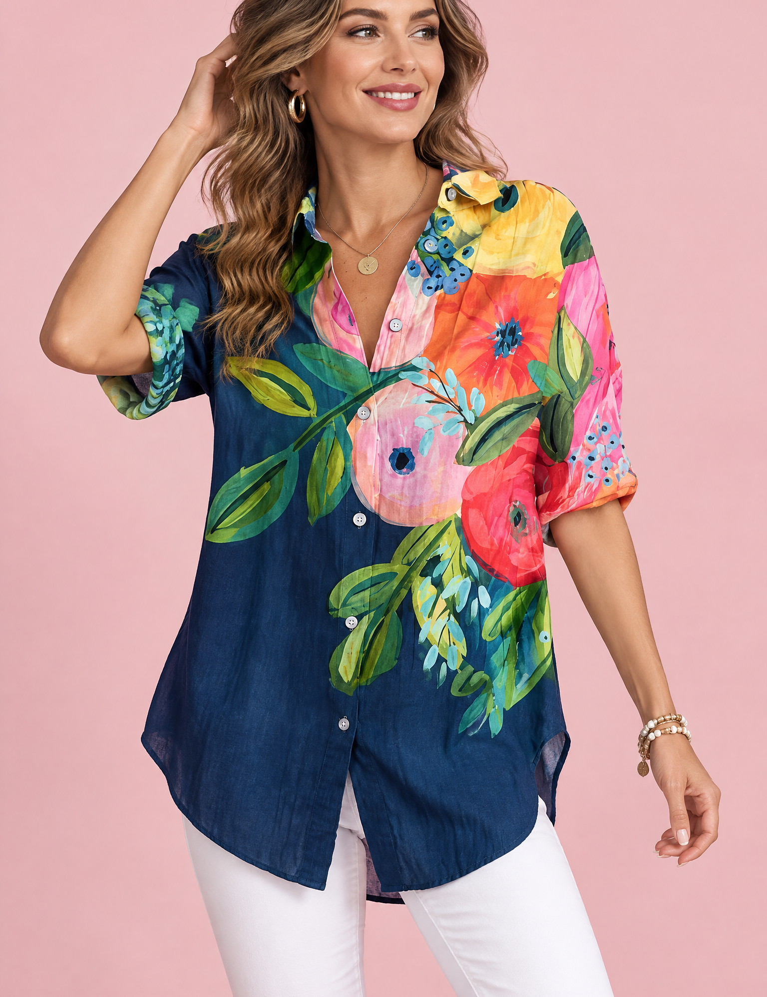 Chemise longue fleurie à col – Bleu marine | Vue de face | Lounelle Paris