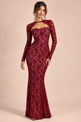 Burgundy Lace Sweetheart-Neck Maxi Dress