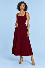 Burgundy A-line midi dress with square neckline and slim straps