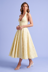 Yellow Floral Lace A-Line Midi Dress with V-Neck