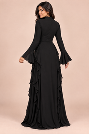 Robe longue noire à volants et manches cloche | Vue de dos | Lounelle Paris