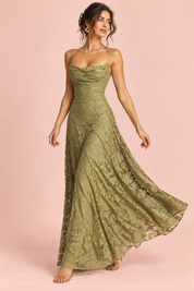 Robe longue fleurie olive à col bénitier | Vue en mouvement | Lounelle Paris