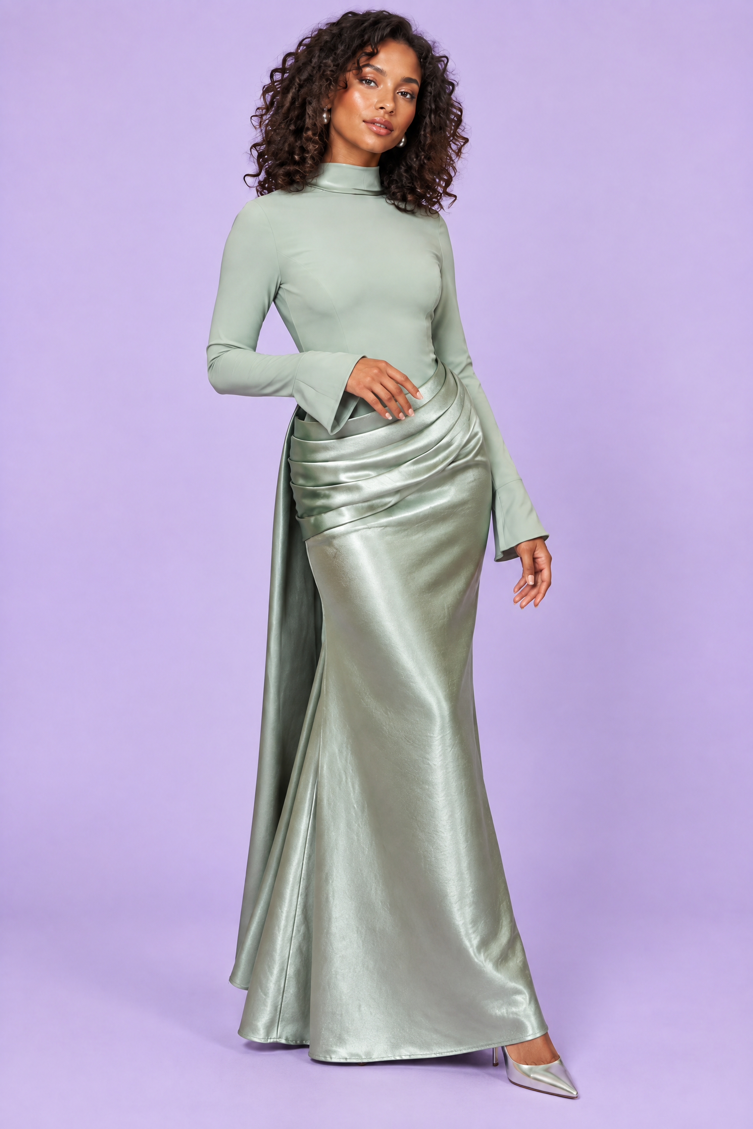 Robe longue froncée vert menthe | Vue de dos | Lounelle Paris