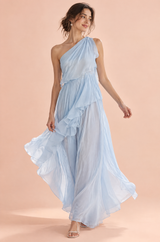 One-Shoulder Blue Ruffle Dress
